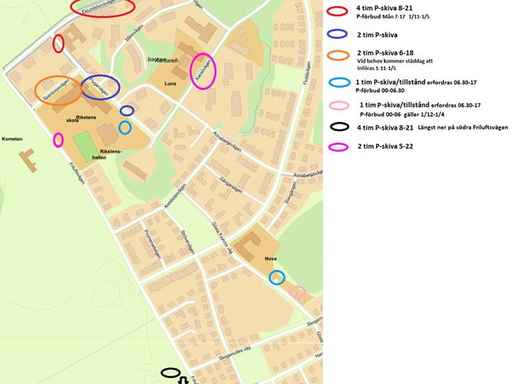 Kartbilden visar bestämmelser kring parkering i Rikstens friluftsstad.
